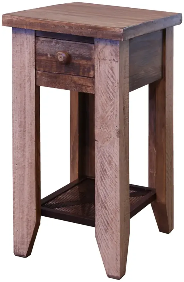 Benjara Fena 26 Inch End Table, Single Drawer, Iron Shelf, Pine Wood, Brown and Multicolor