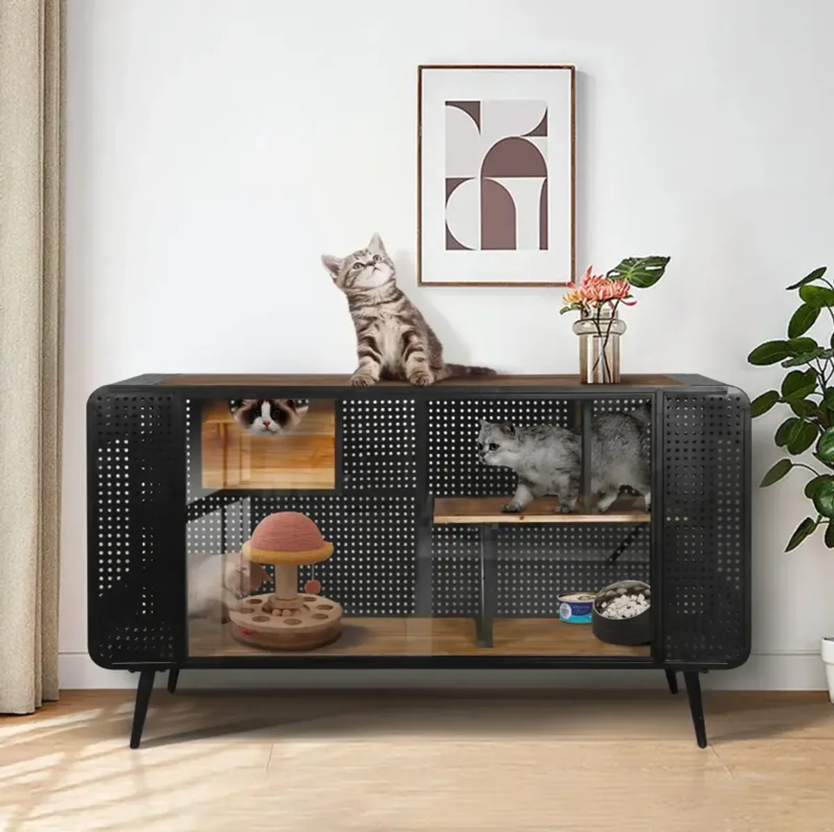 55.12" Spacious Cat House With Tempered Glass, For Living Room, Hallway, Study And Other Spaces