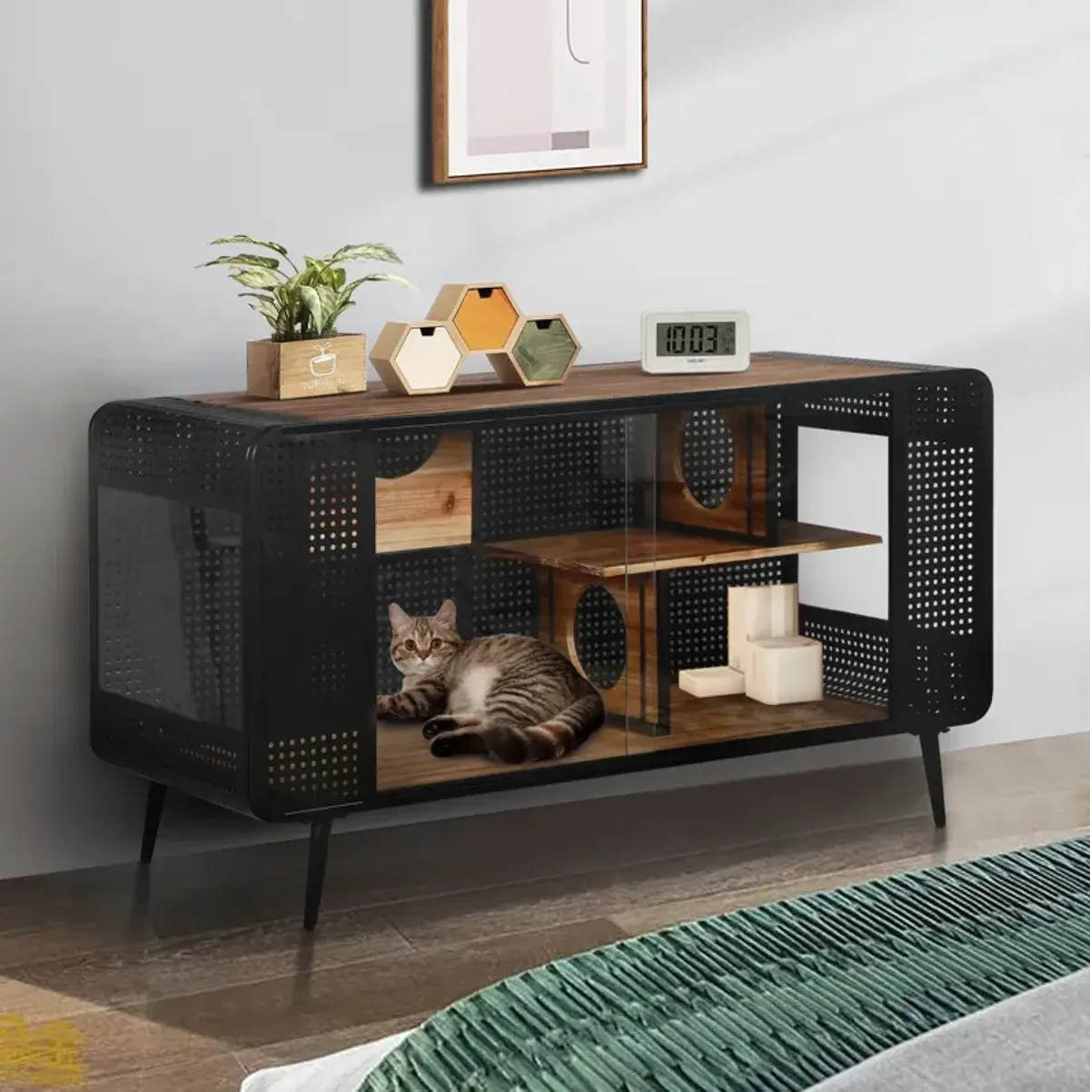 55.12" Spacious Cat House With Tempered Glass, For Living Room, Hallway, Study And Other Spaces