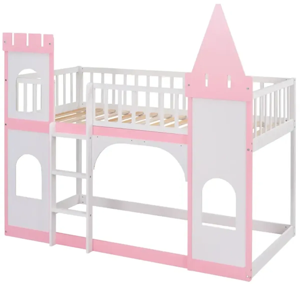 Twin Over Twin Castle Bunk Bed With Ladder - Pink