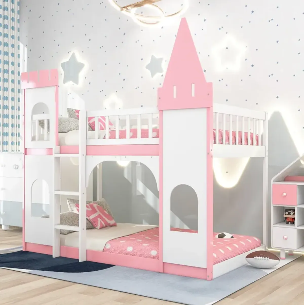 Twin Over Twin Castle Bunk Bed With Ladder - Pink