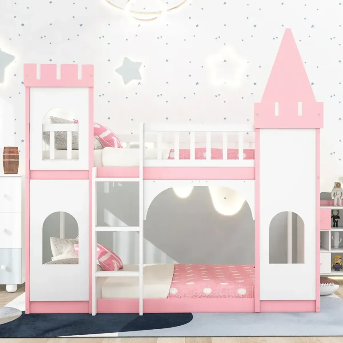 Twin Over Twin Castle Bunk Bed With Ladder - Pink