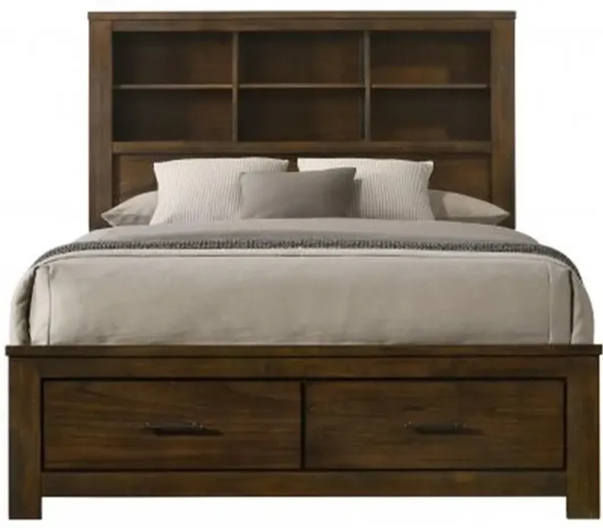 Benjara Maryl Queen Bed with Bookcase Headboard, Solid Wood, Oak Brown Finish