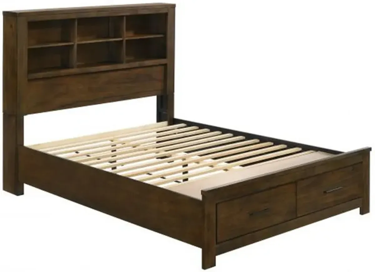 Benjara Maryl Queen Bed with Bookcase Headboard, Solid Wood, Oak Brown Finish