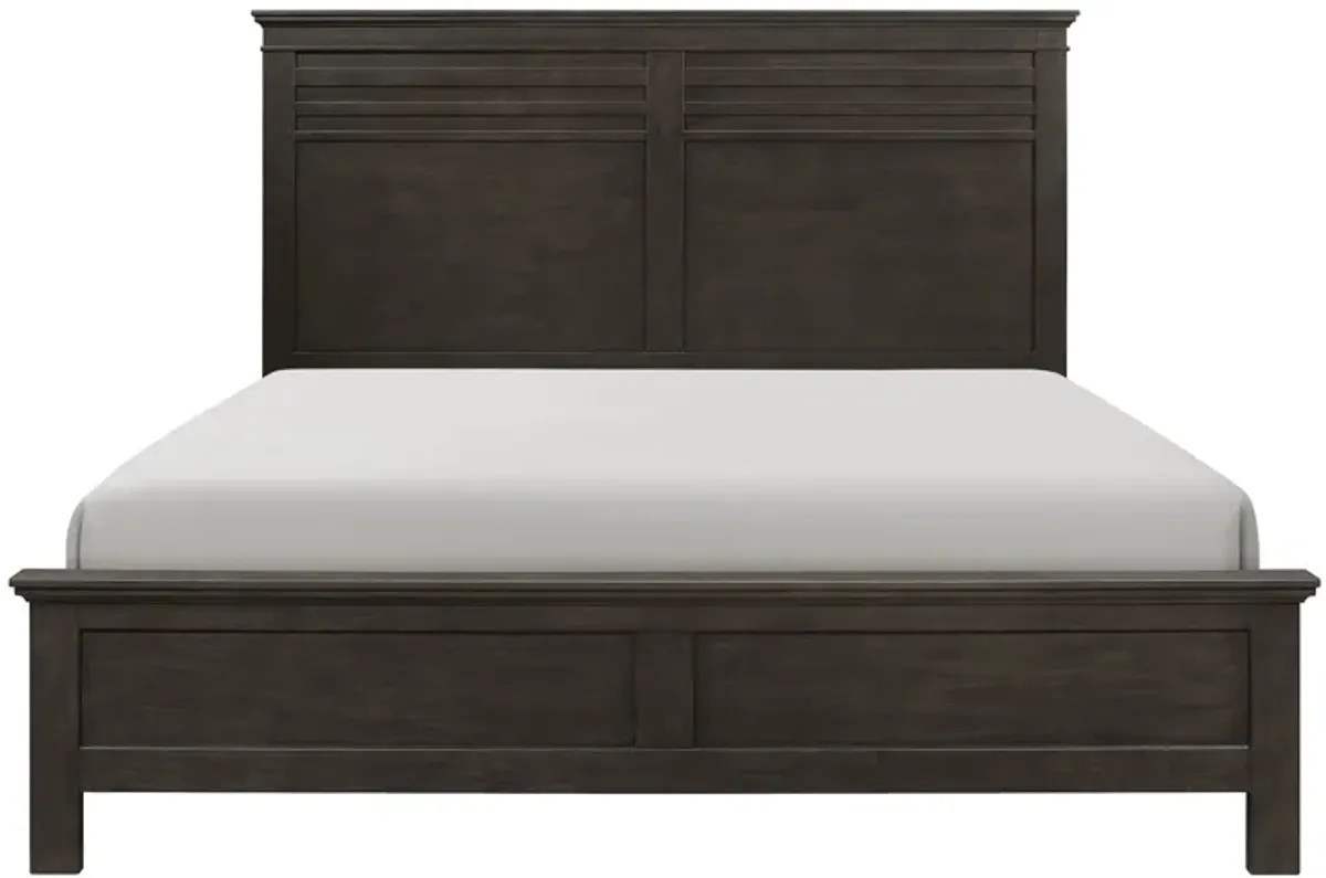 Candy Queen Bed, Farmhouse Embossed Accented Headboard, Charcoal Gray Wood - Benzara