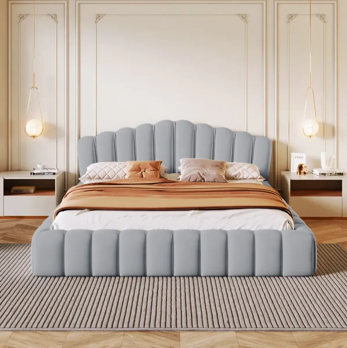 Merax Velvet Bed Frame with Shell-Shaped Headboard