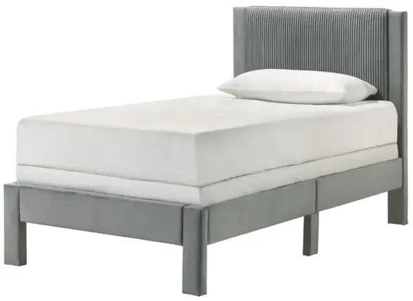 Cery Twin Size Platform Bed, Light Gray Upholstery, Textured Headboard - Benzara