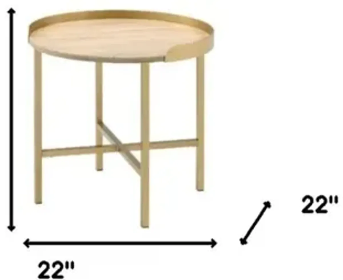 Hivvago 22" Gold And Oak Manufactured Wood And Metal Round End Table