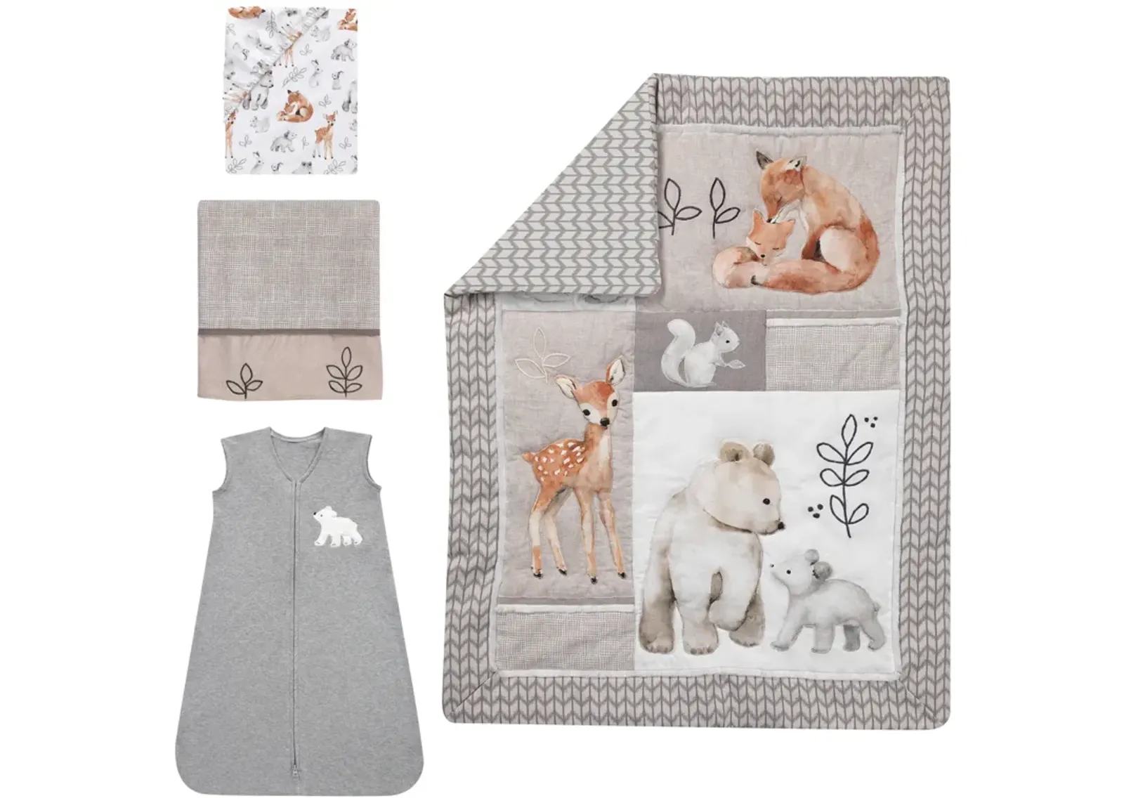 Lambs & Ivy Painted Forest 4-Piece Crib Bedding Set - Gray, Beige, White