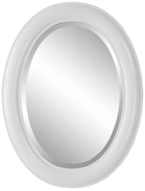 29 Inch Wood Wall Mirror, Beaded Oval Shape, White-Benzara