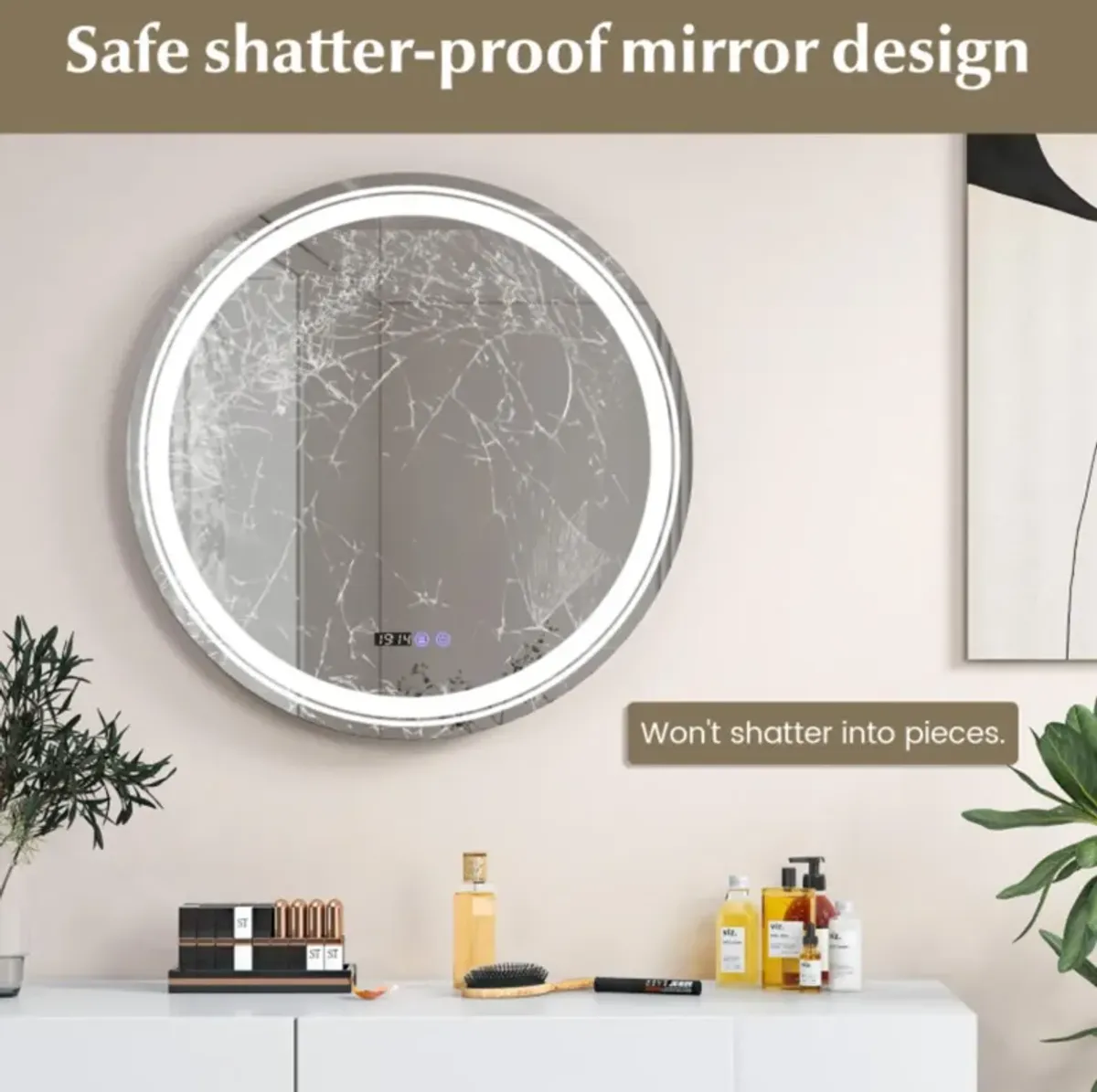 Hivvago Anti-Fog Round Led Bathroom Mirror with 3 Color LED Lights