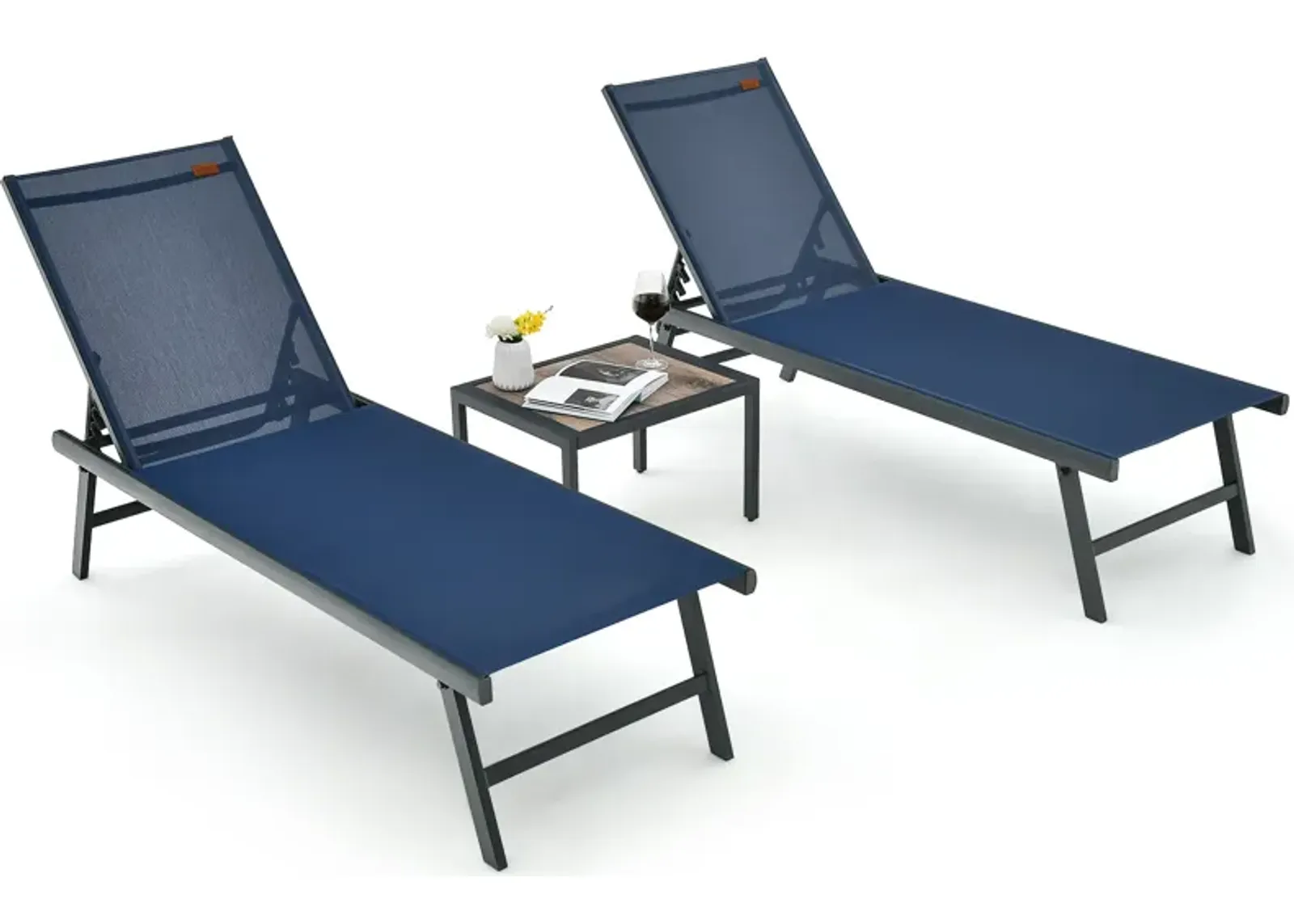 3 Pieces Patio Chaise Lounge Chair and Table Set for Poolside Yard