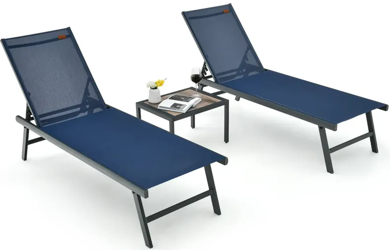 3 Pieces Patio Chaise Lounge Chair and Table Set for Poolside Yard