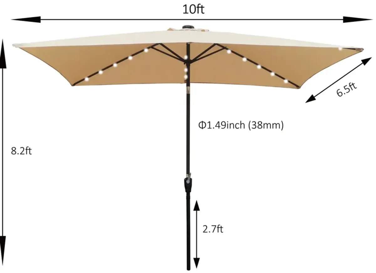 10 X 6.5FT Rectangular Patio Solar LED Lighted Outdoor Umbrellas With Crank And Push Button