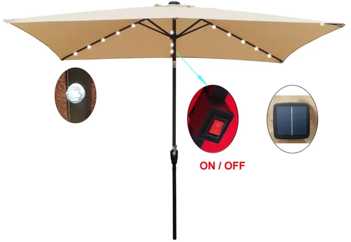 10 X 6.5FT Rectangular Patio Solar LED Lighted Outdoor Umbrellas With Crank And Push Button