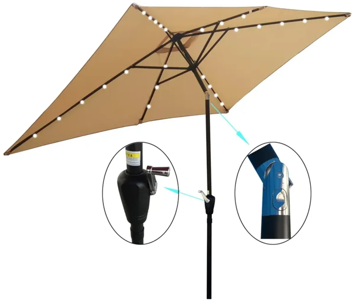 10 X 6.5FT Rectangular Patio Solar LED Lighted Outdoor Umbrellas With Crank And Push Button