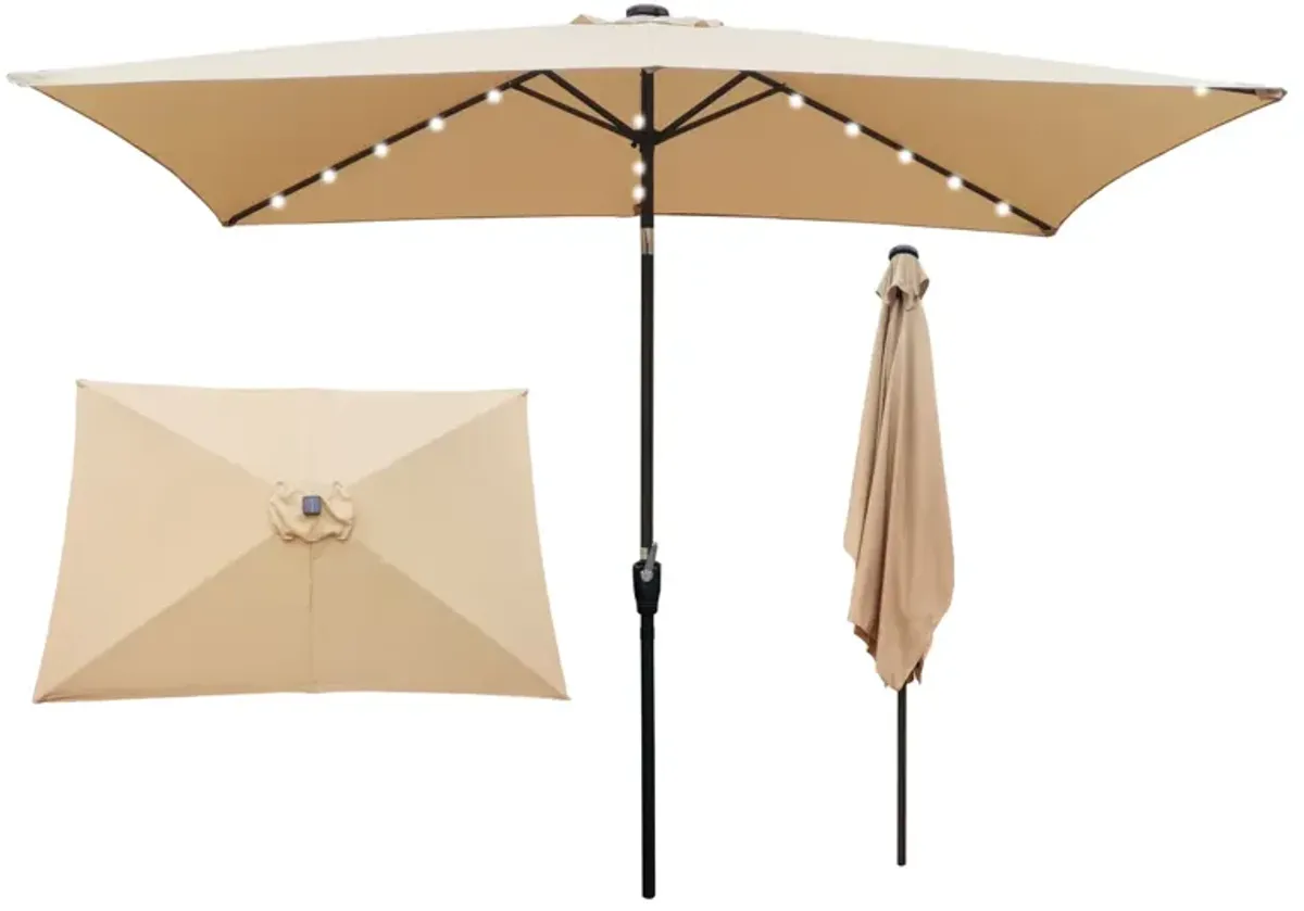 10 X 6.5FT Rectangular Patio Solar LED Lighted Outdoor Umbrellas With Crank And Push Button