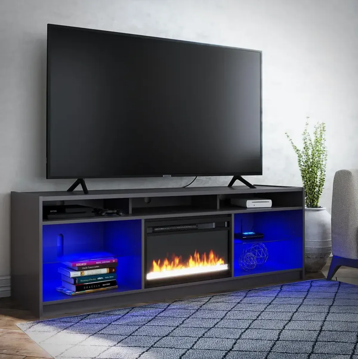 Ameriwood Home Luna Fireplace Space Heater TV Stand for TVs up to 75", Graphite Gray