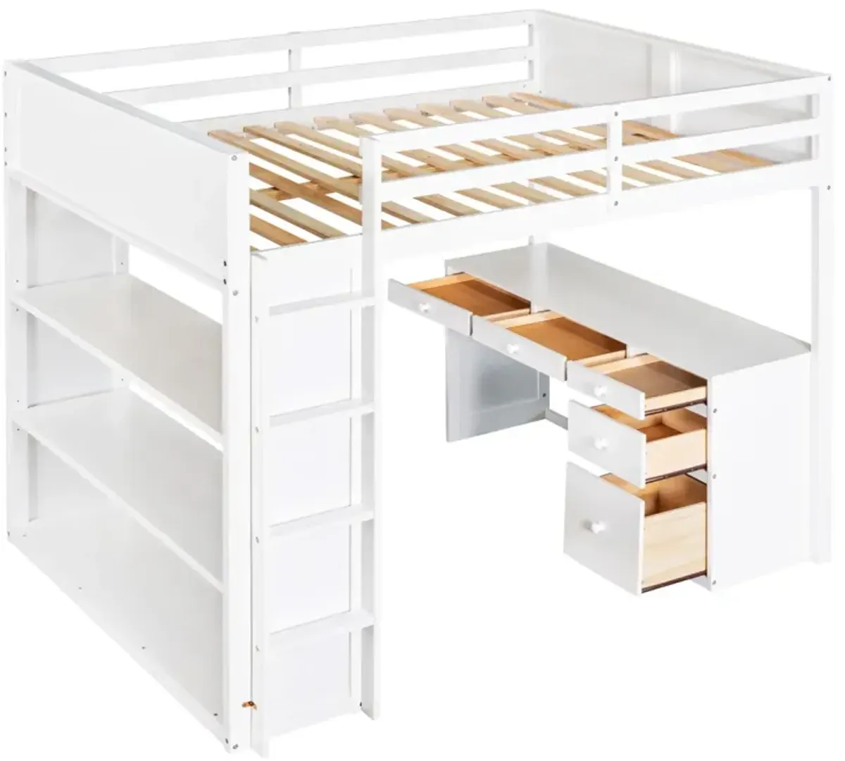 Full Size Loft Bed With Ladder, Shelves, And Desk