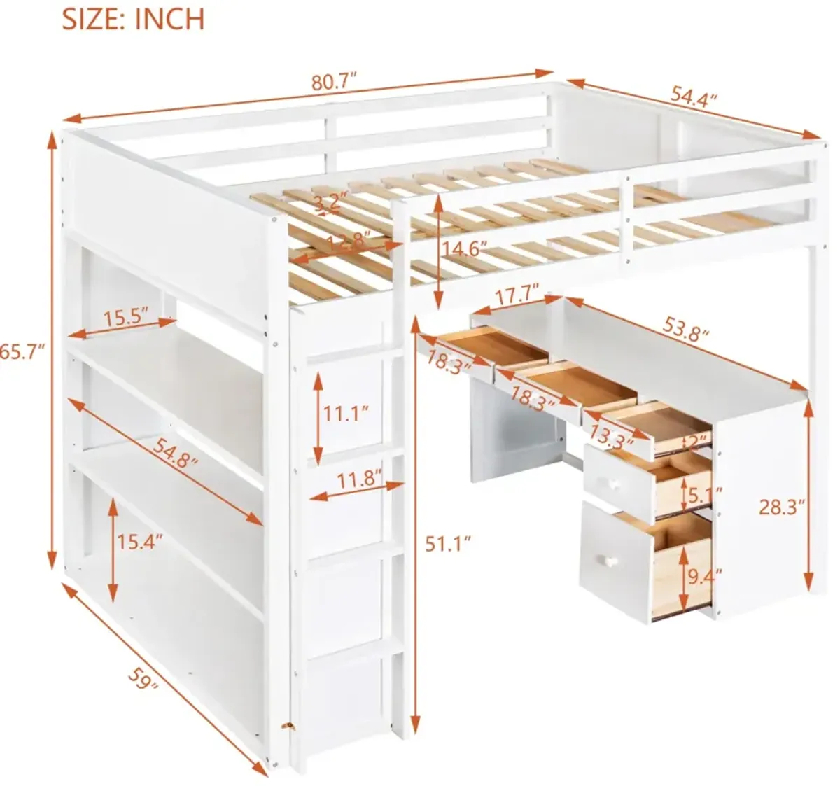 Full Size Loft Bed With Ladder, Shelves, And Desk