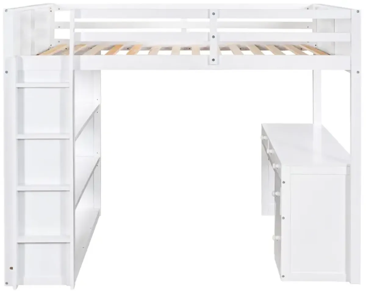 Full Size Loft Bed With Ladder, Shelves, And Desk