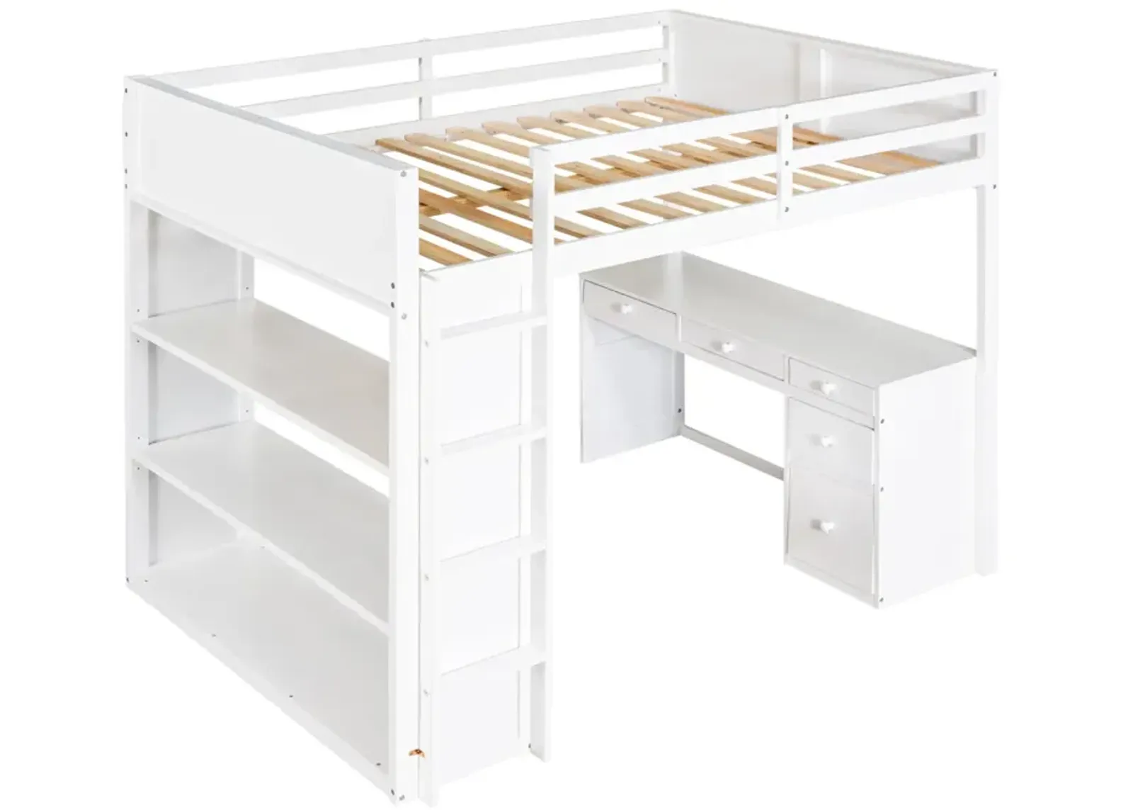 Full Size Loft Bed With Ladder, Shelves, And Desk