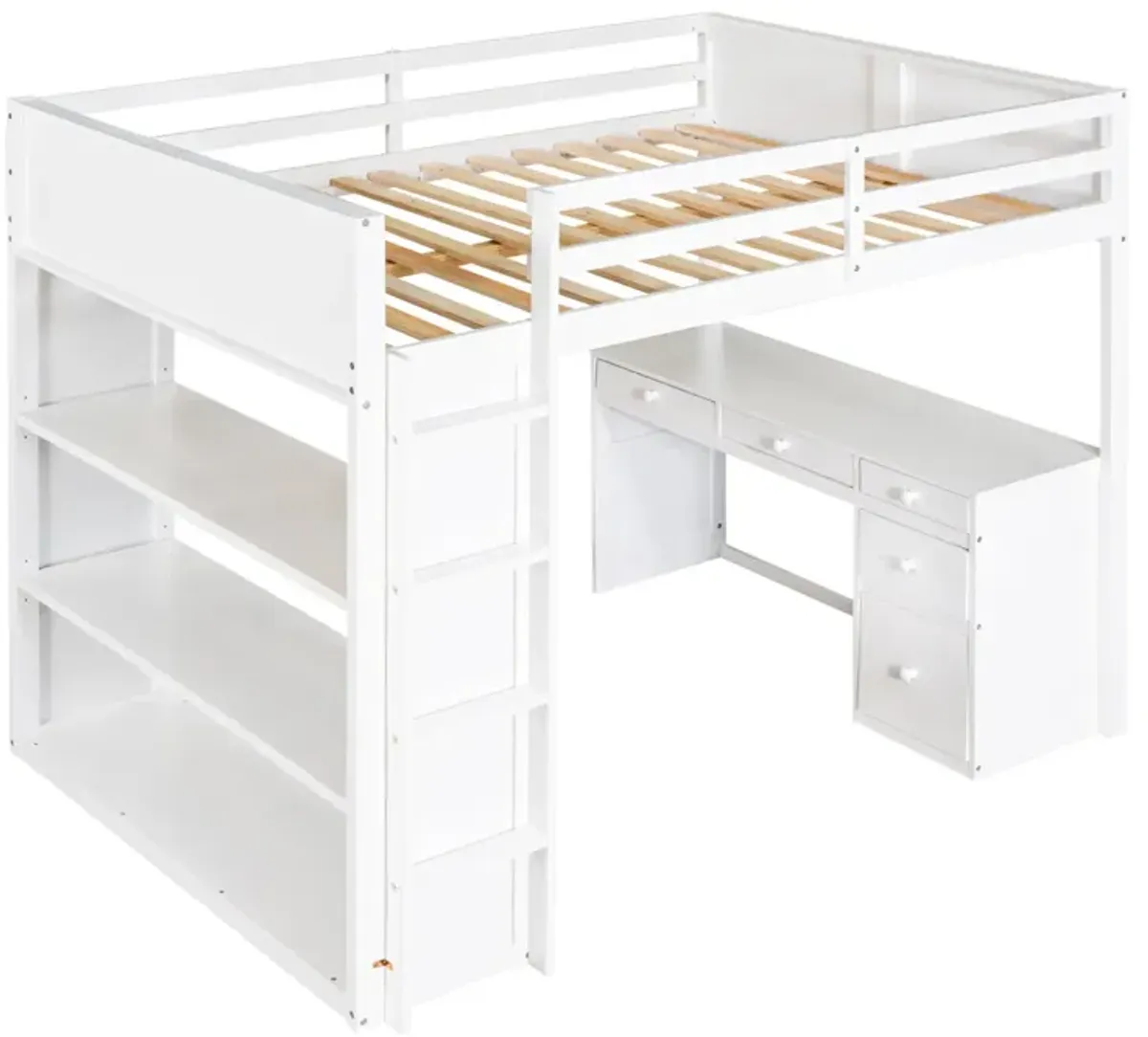 Full Size Loft Bed With Ladder, Shelves, And Desk