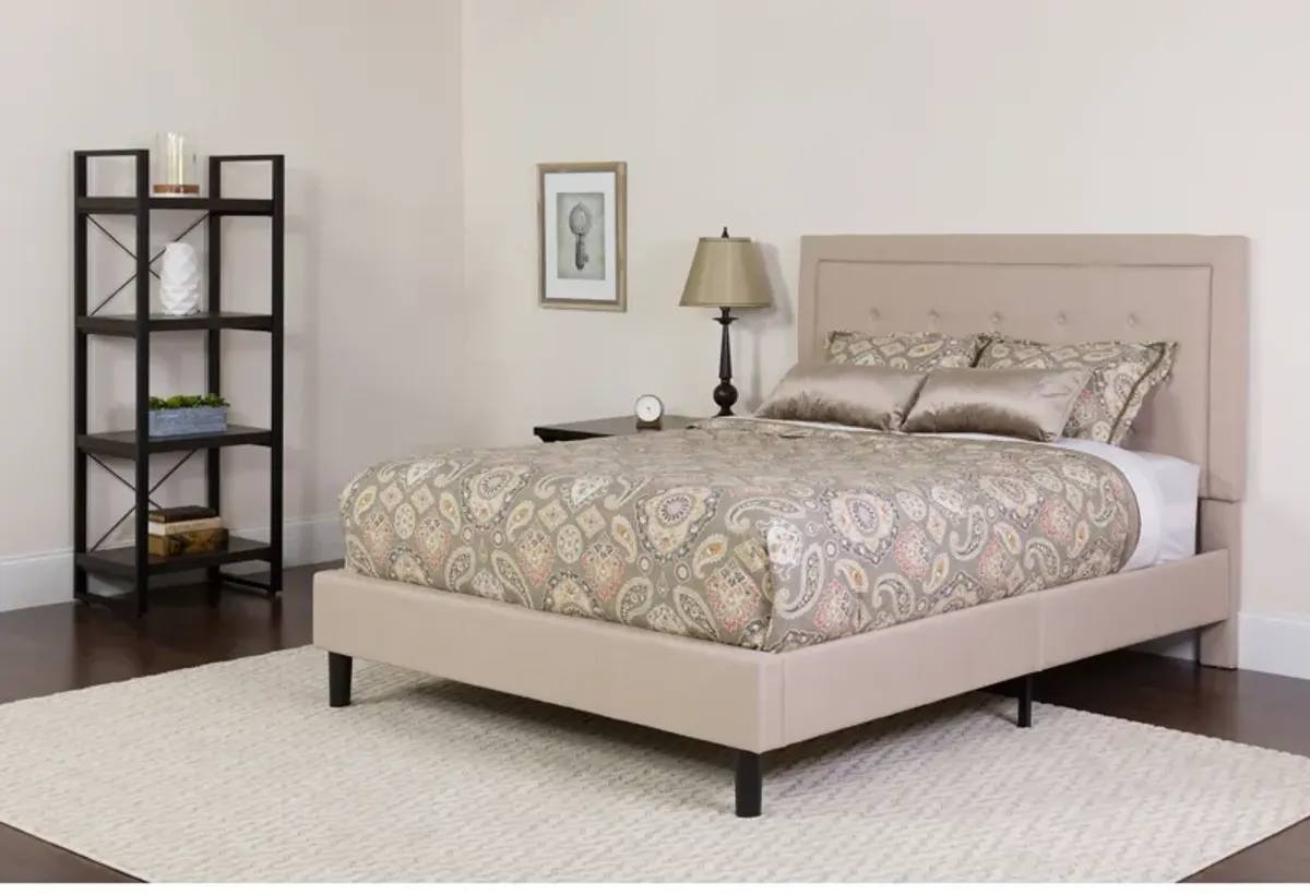 Roxbury Full Size Tufted Upholstered Platform Bed in Beige Fabric with Memory Foam Mattress