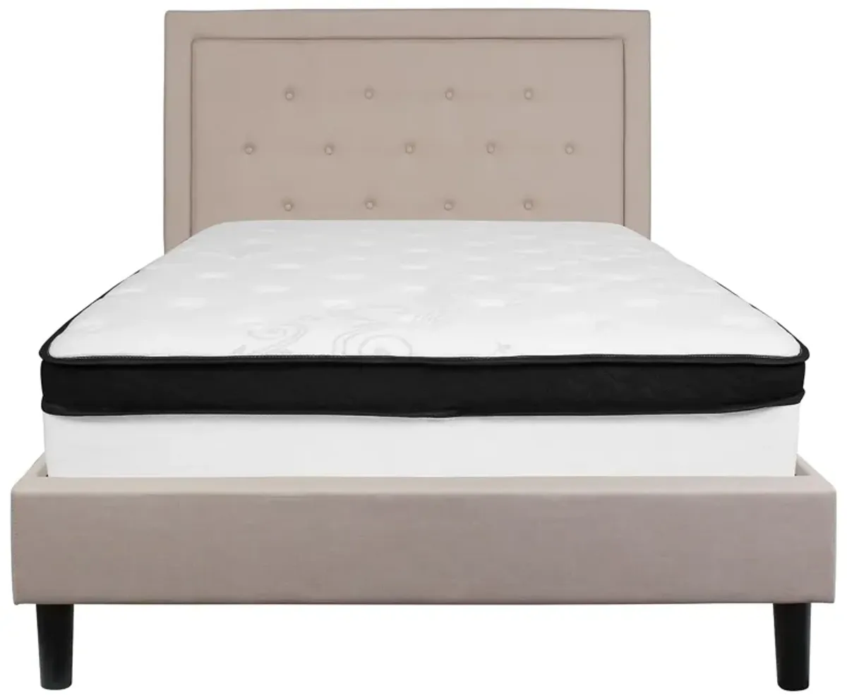 Roxbury Full Size Tufted Upholstered Platform Bed in Beige Fabric with Memory Foam Mattress