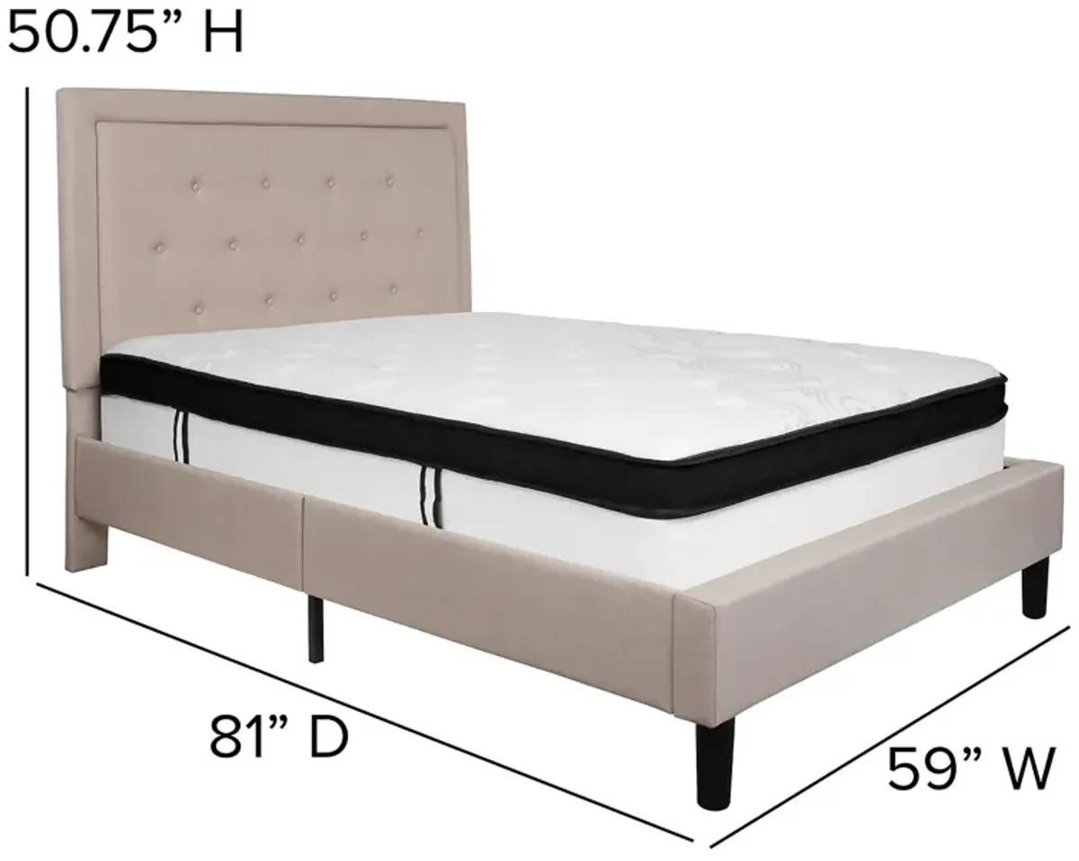 Roxbury Full Size Tufted Upholstered Platform Bed in Beige Fabric with Memory Foam Mattress