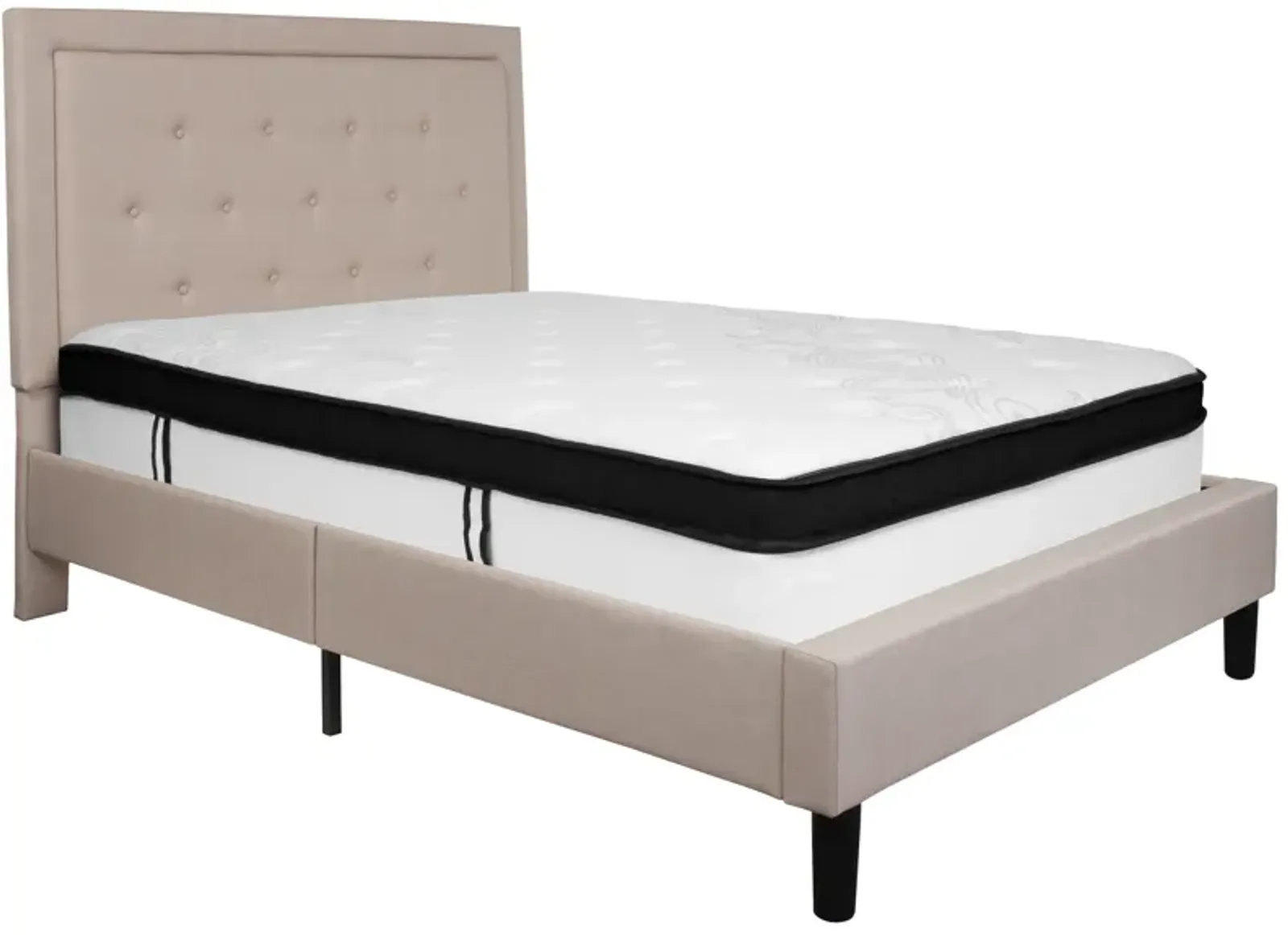 Roxbury Full Size Tufted Upholstered Platform Bed in Beige Fabric with Memory Foam Mattress