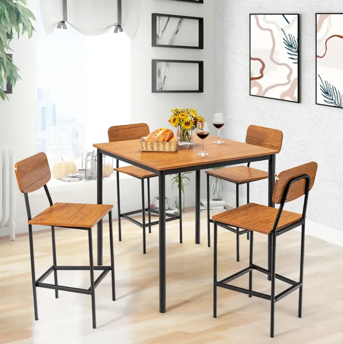 5 Pieces Industrial Dining Table Set with Counter Height Table and 4 Bar Stools