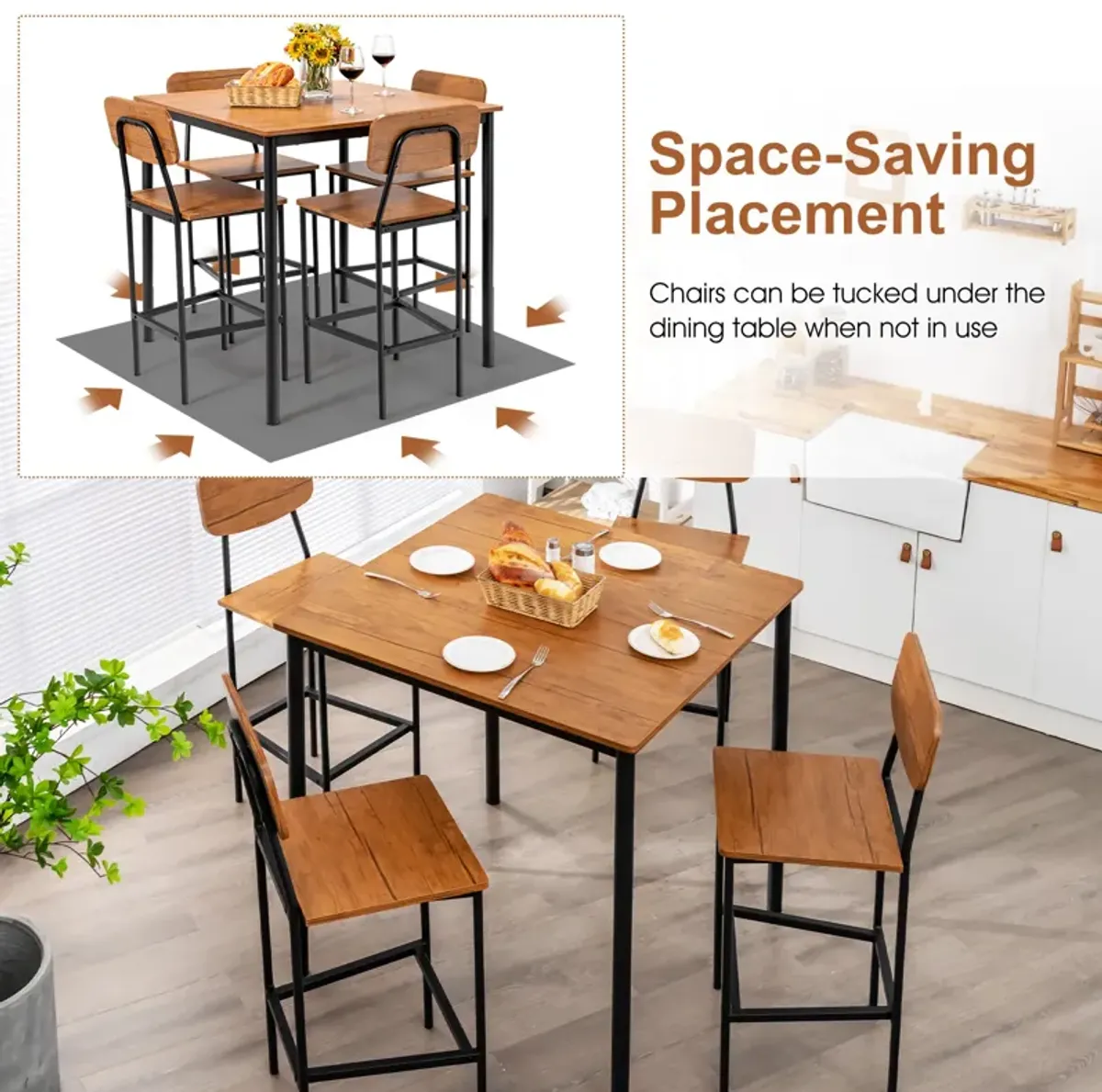 5 Pieces Industrial Dining Table Set with Counter Height Table and 4 Bar Stools