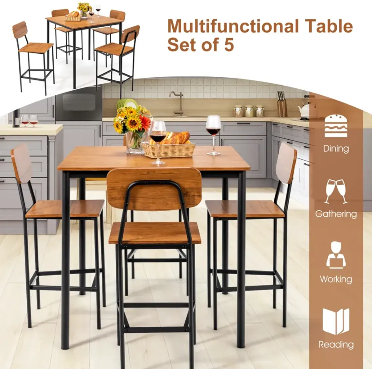 5 Pieces Industrial Dining Table Set with Counter Height Table and 4 Bar Stools