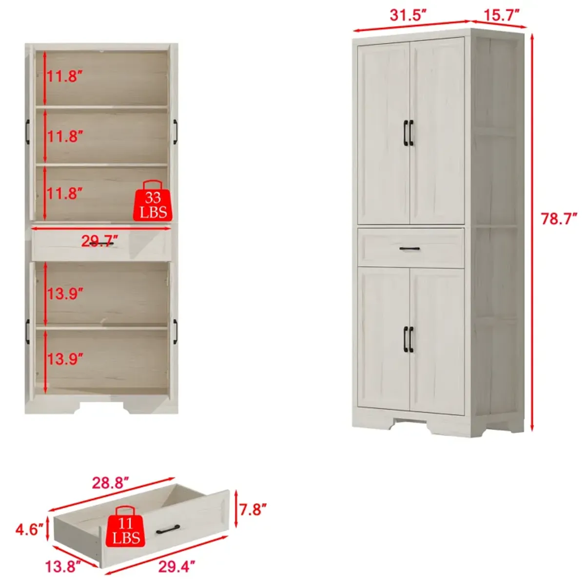 FUFU&GAGA Modern Light Wood Bookcase – 4 Doors & 1 Drawer, Sturdy P2-Grade MDF Storage Cabinet (31.5" W x 15.7" D x 78.7" H), Light Wood
