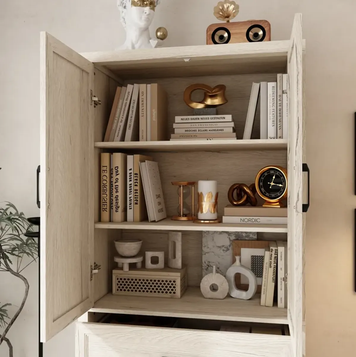 FUFU&GAGA Modern Light Wood Bookcase – 4 Doors & 1 Drawer, Sturdy P2-Grade MDF Storage Cabinet (31.5" W x 15.7" D x 78.7" H), Light Wood