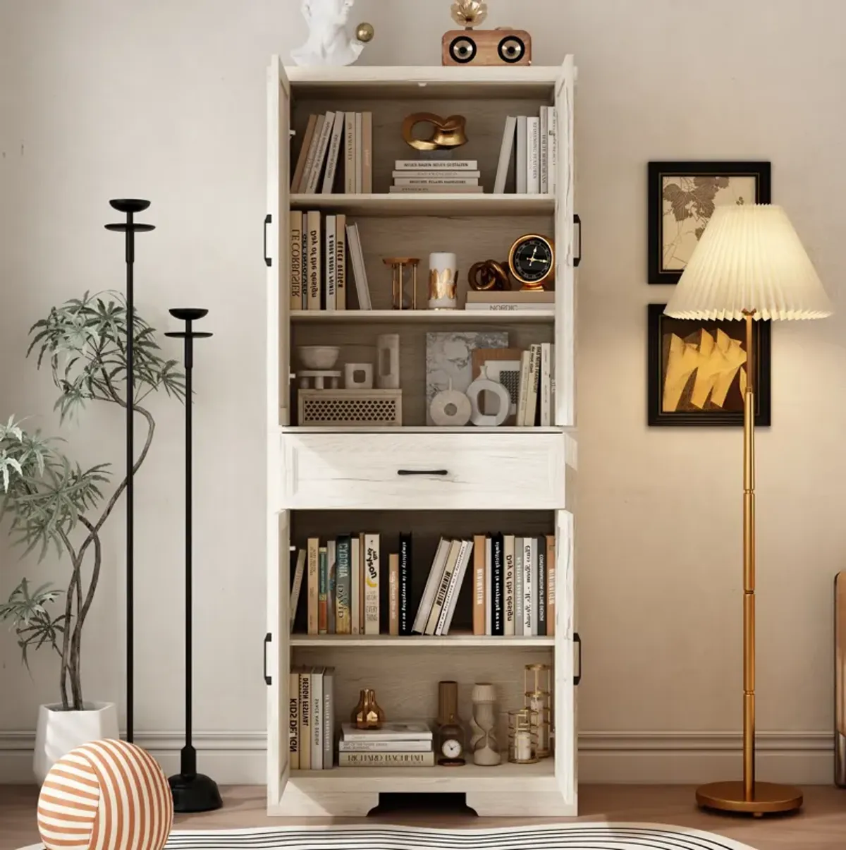 FUFU&GAGA Modern Light Wood Bookcase – 4 Doors & 1 Drawer, Sturdy P2-Grade MDF Storage Cabinet (31.5" W x 15.7" D x 78.7" H), Light Wood