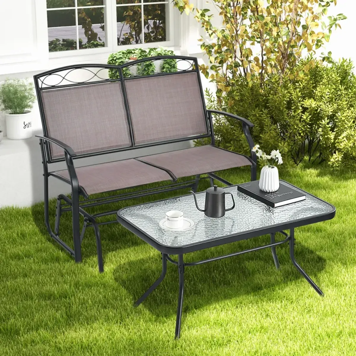 Outdoor Gliding Loveseat Chair with Tempered Glass Coffee Table-2 Pieces