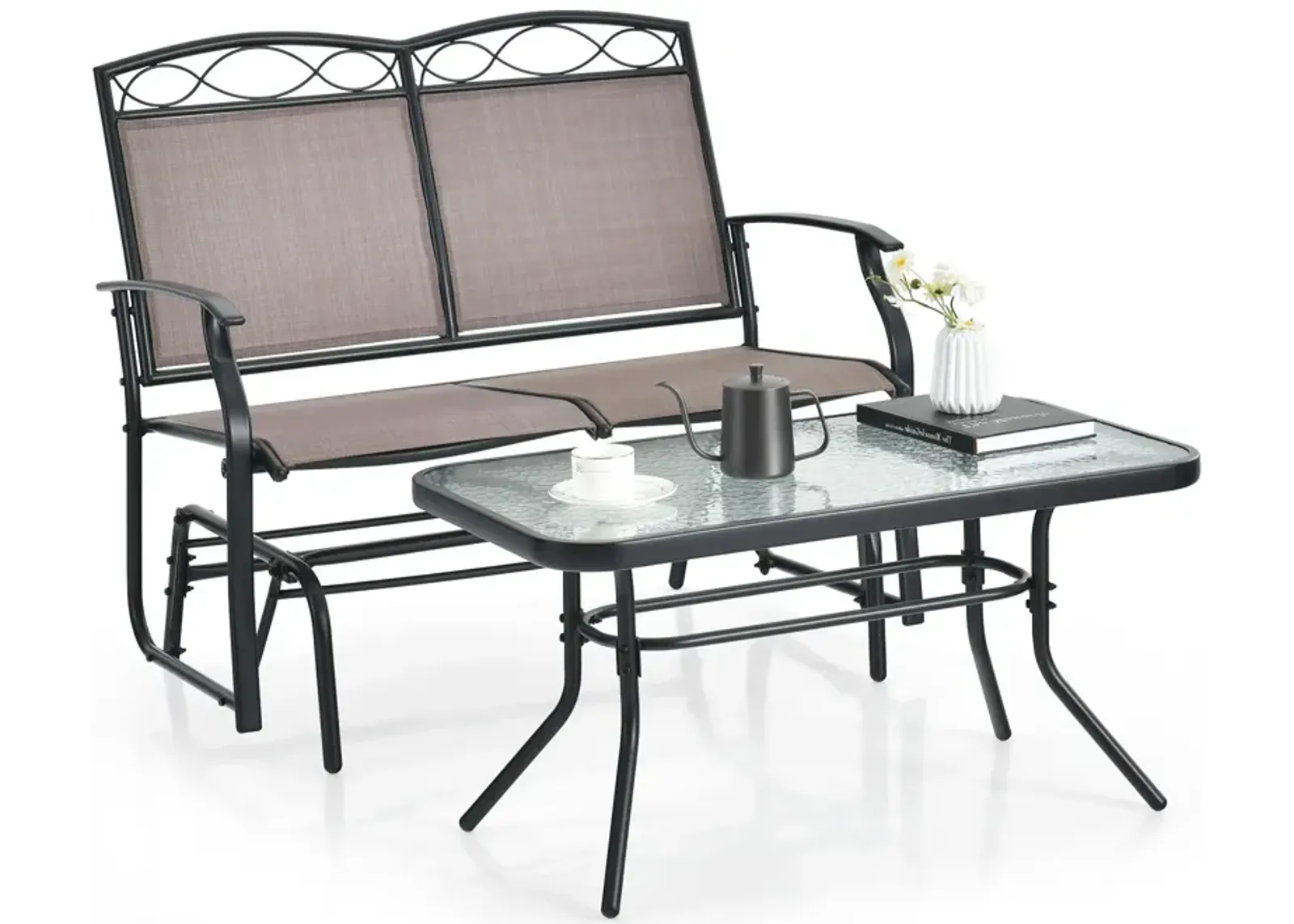 Outdoor Gliding Loveseat Chair with Tempered Glass Coffee Table-2 Pieces