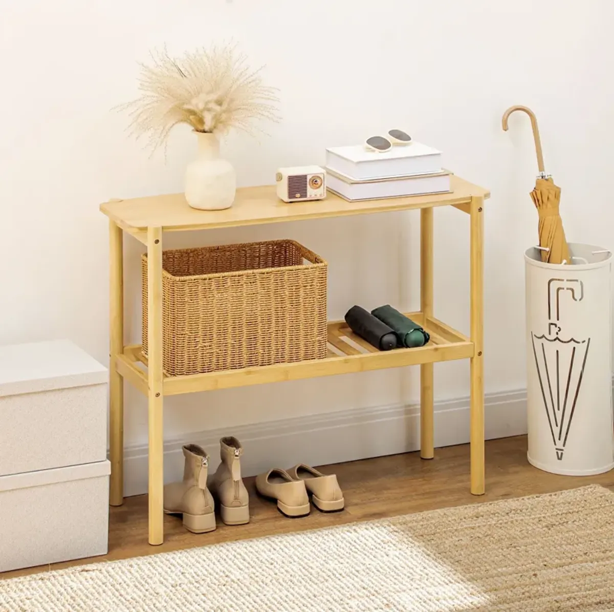 Natural Bathroom Storage: 2-Tier Bamboo Shelf for Multi-Purpose Use