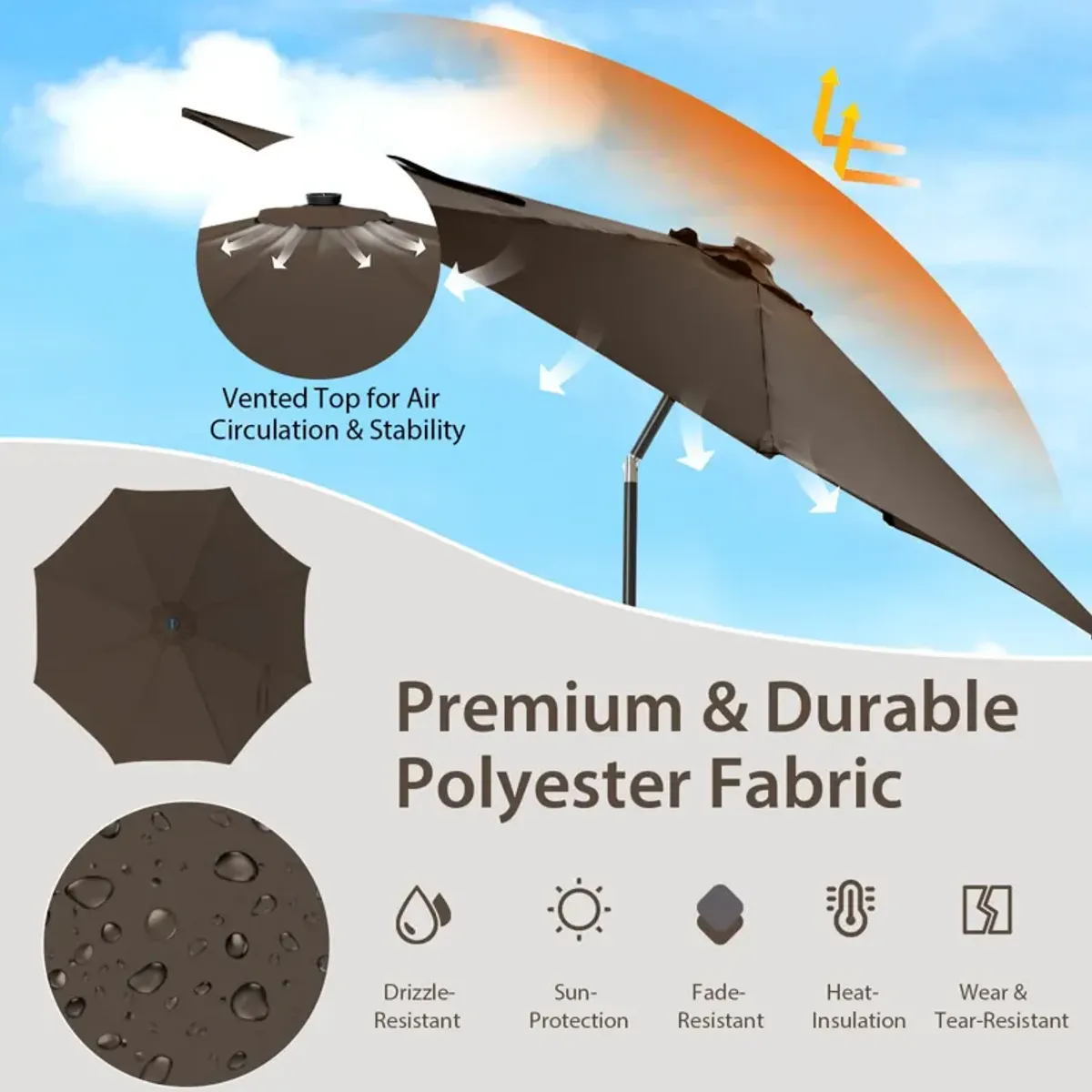 10-Foot Patio Umbrella with 112 Solar LED Lights and Crank Handle