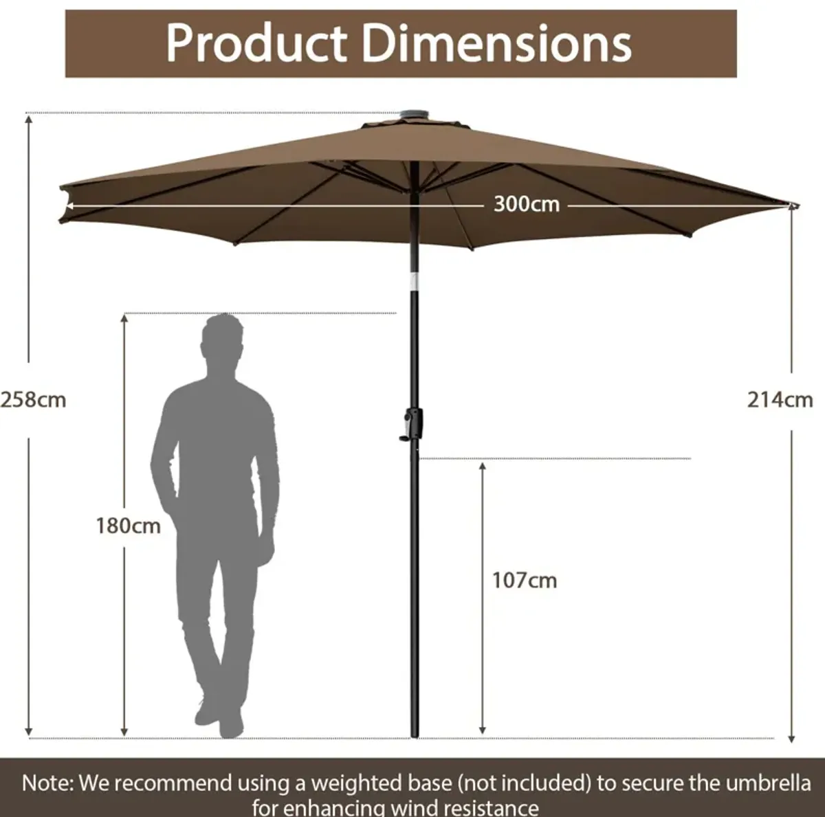 10-Foot Patio Umbrella with 112 Solar LED Lights and Crank Handle