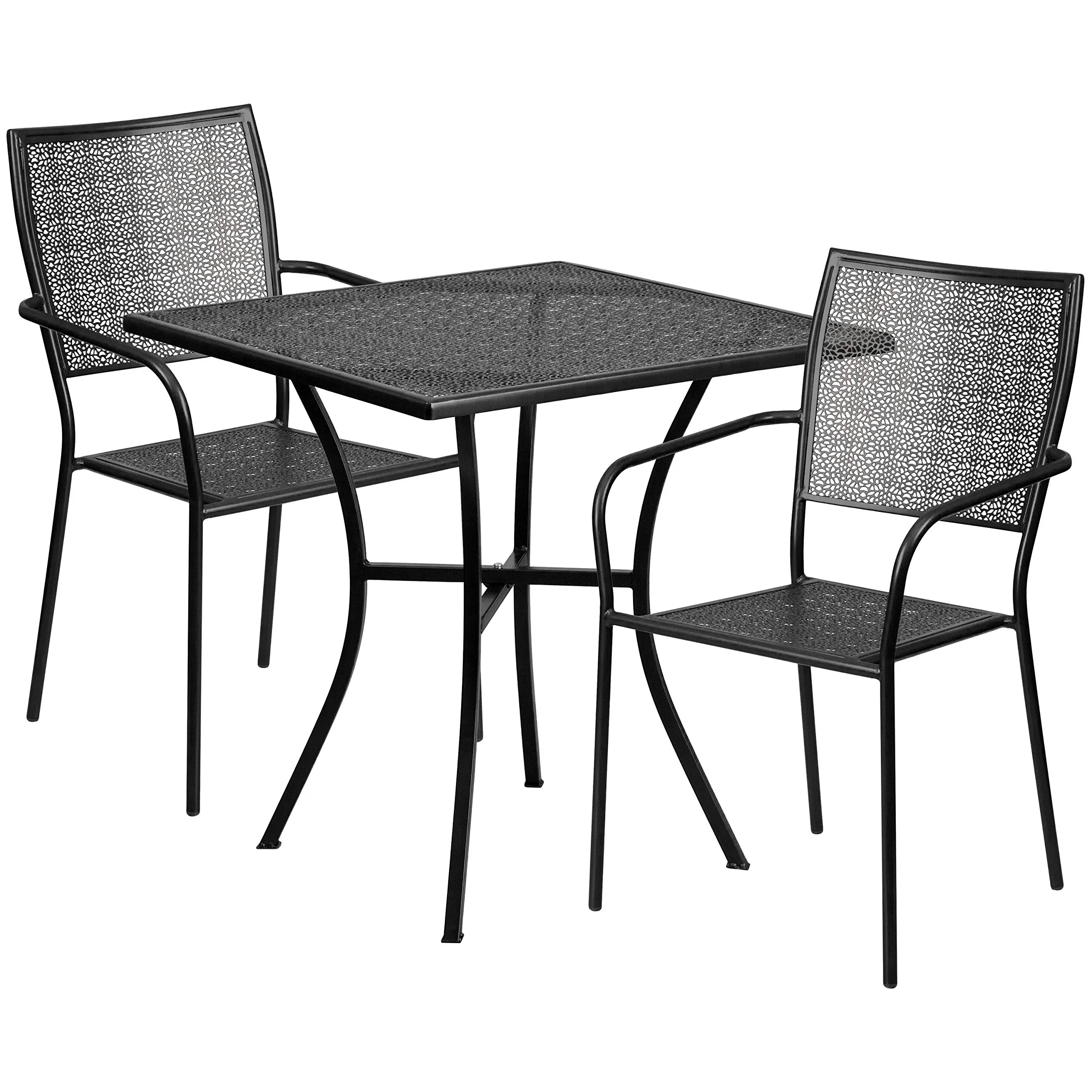 Flash Furniture Commercial Grade 28" Square Black Indoor-Outdoor Steel Patio Table Set with 2 Square Back Chairs