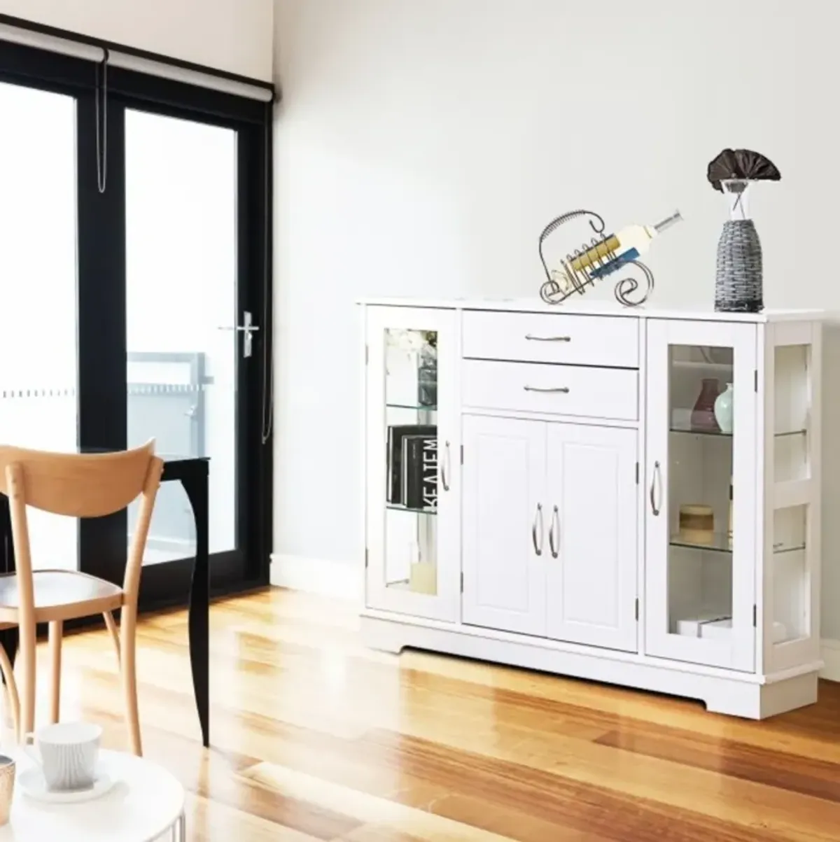 Hivvago White Wood Buffet Sideboard Cabinet with Glass Display Doors