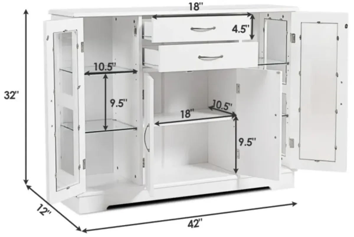 Hivvago White Wood Buffet Sideboard Cabinet with Glass Display Doors