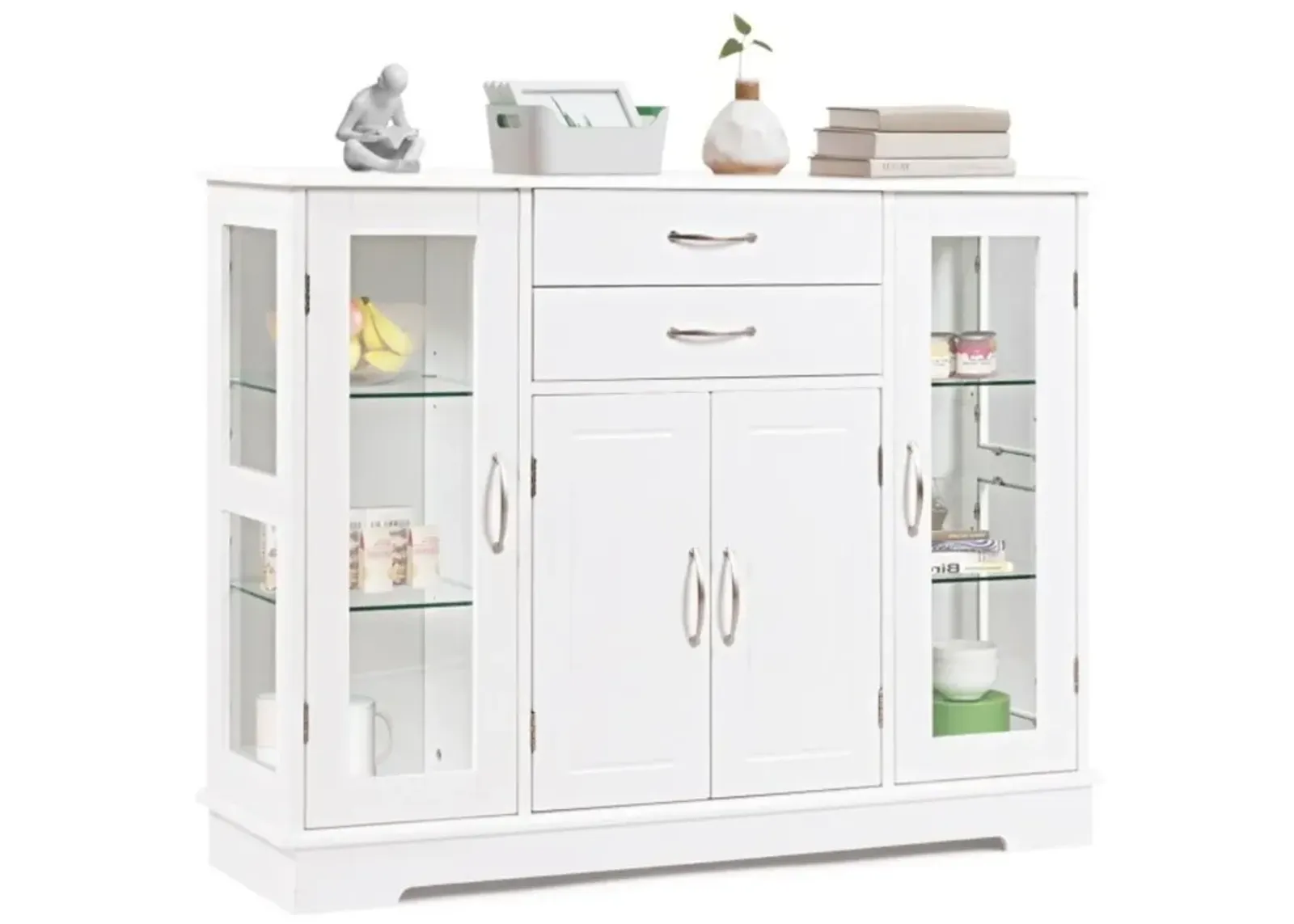 Hivvago White Wood Buffet Sideboard Cabinet with Glass Display Doors