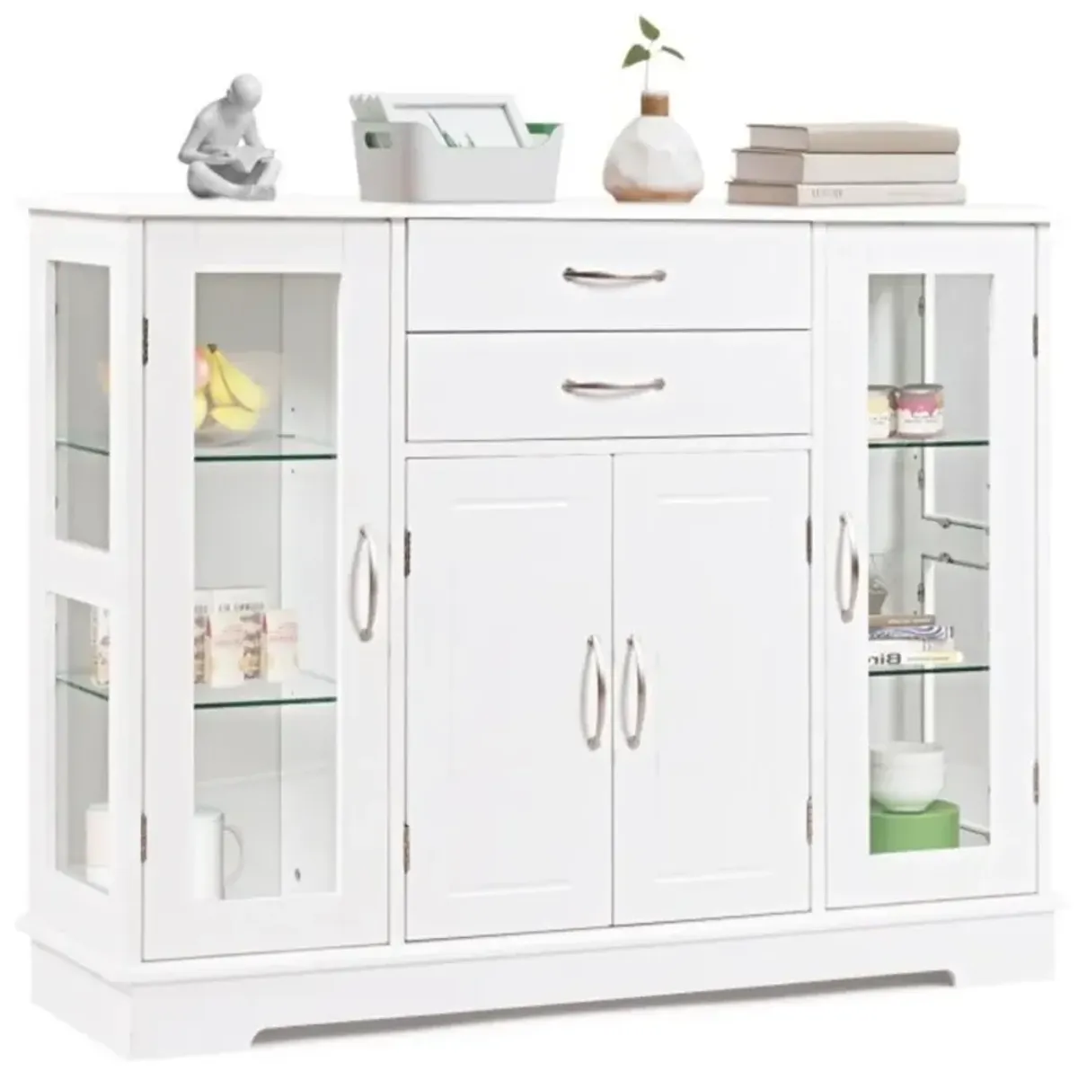 Hivvago White Wood Buffet Sideboard Cabinet with Glass Display Doors