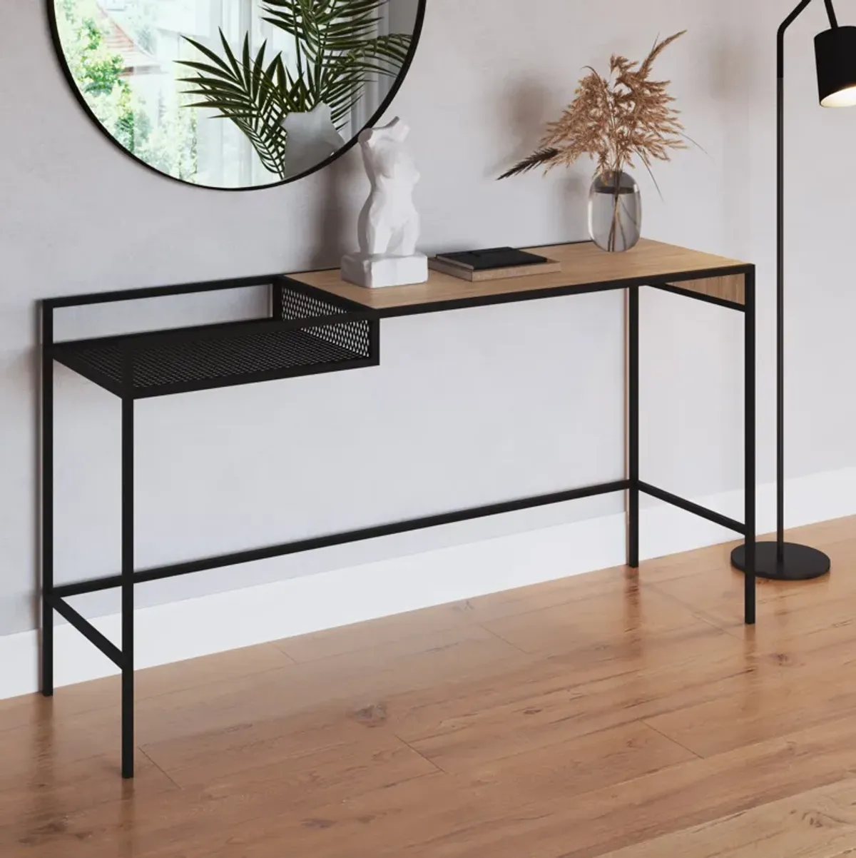 Kybele 55" Console  Entry Table Black Iron legs Mesh Panel Side -Coastal Oak