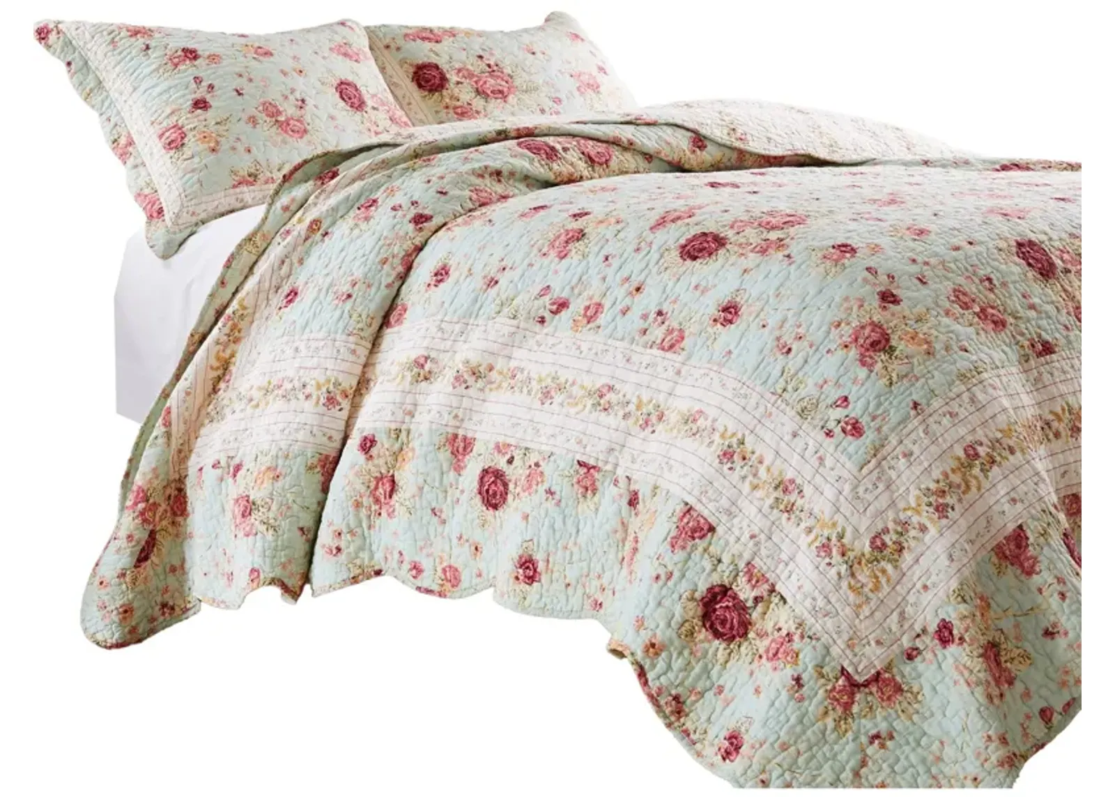 Rosle 2pc Twin Quilt and Pillow Sham Set, Scallop Edges, Floral Blue Cotton - Benzara