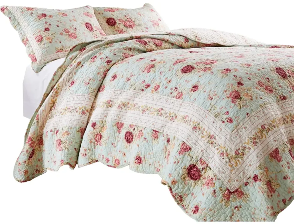 Rosle 2pc Twin Quilt and Pillow Sham Set, Scallop Edges, Floral Blue Cotton - Benzara